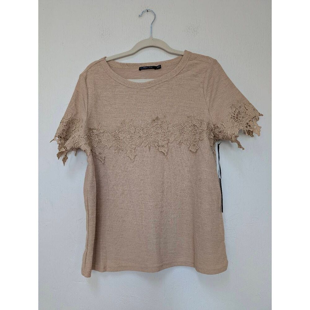 Doe & Rae Womens Embroidered Guipure Lace Trim Cotton Blend Top Tan Large NWT